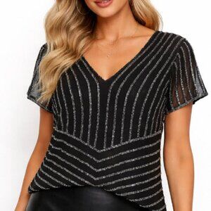 Beaded V-Neck Sheer Blouse Black Silver Stripe by La Madona Size XLarge